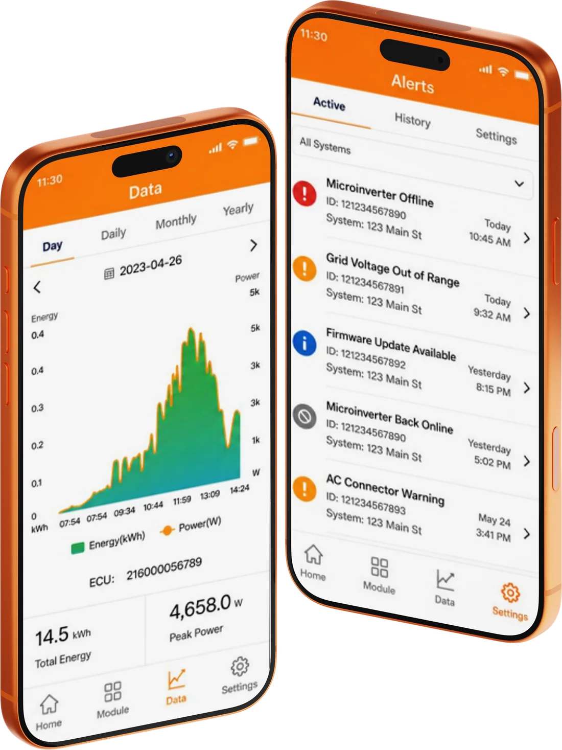 T1 Solar monitoring app on two phones showing daily production and system alerts