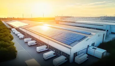 Commercial warehouse with rooftop solar panels and fleet vans